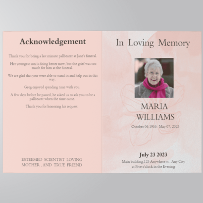 Pink Floral Paper Half Page Funeral Program Template